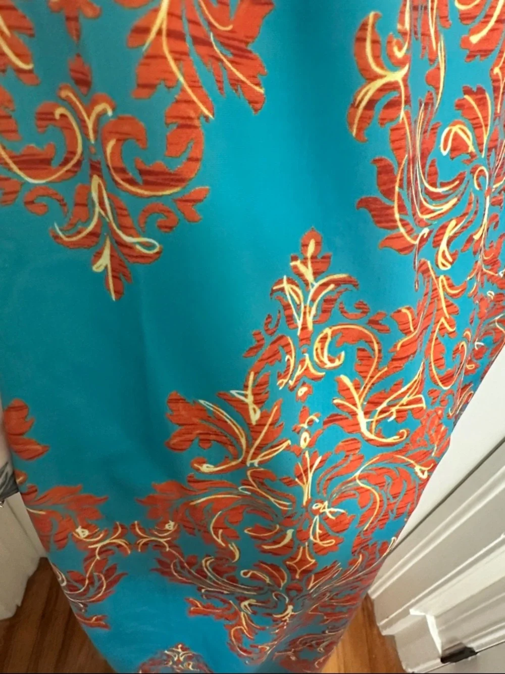 0066 Aryeh Turquoise Sleeveless Dress with Orange Damask Print women’s medium - Picture 2 of 6